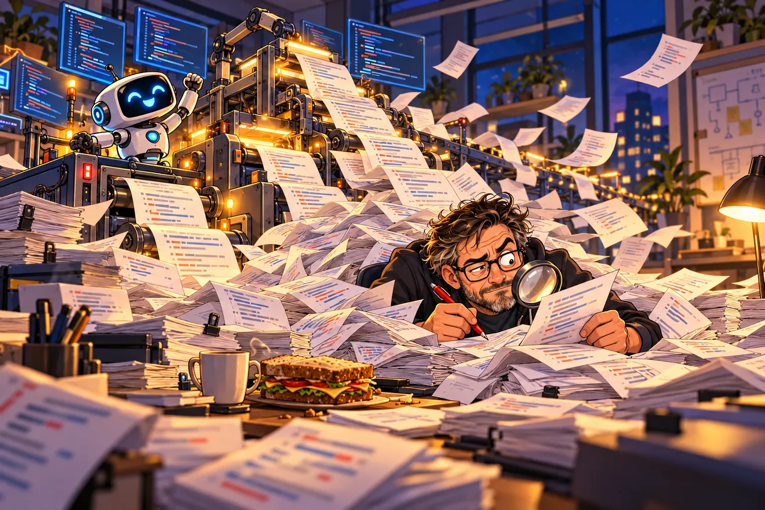 An engineer using a magnifying glass to review one page in an avalanche of AI-generated code
