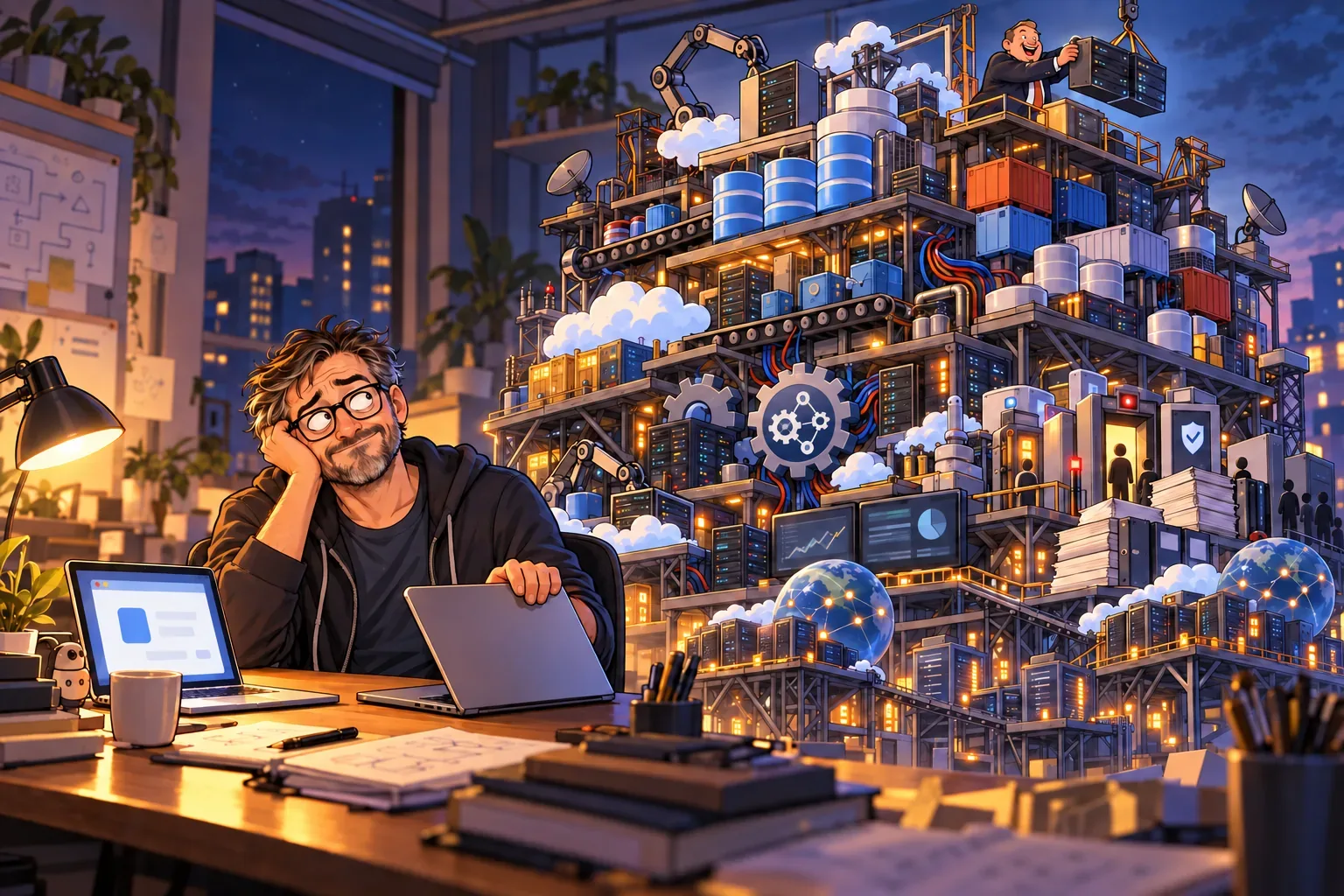 An engineer looking at a tiny application beneath an absurdly large tower of infrastructure