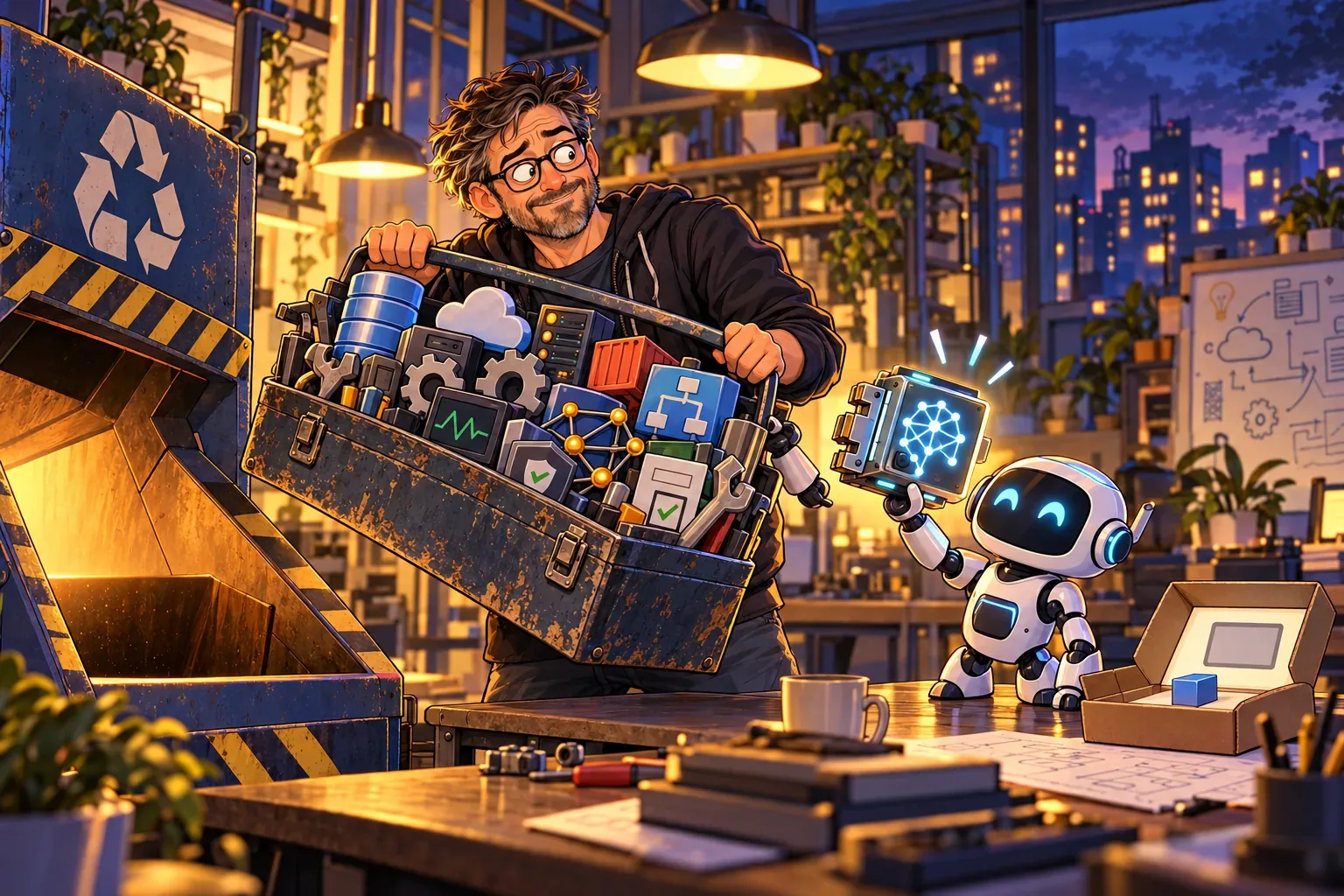 An engineer keeping his well-used systems toolbox while a small AI robot offers an add-on module
