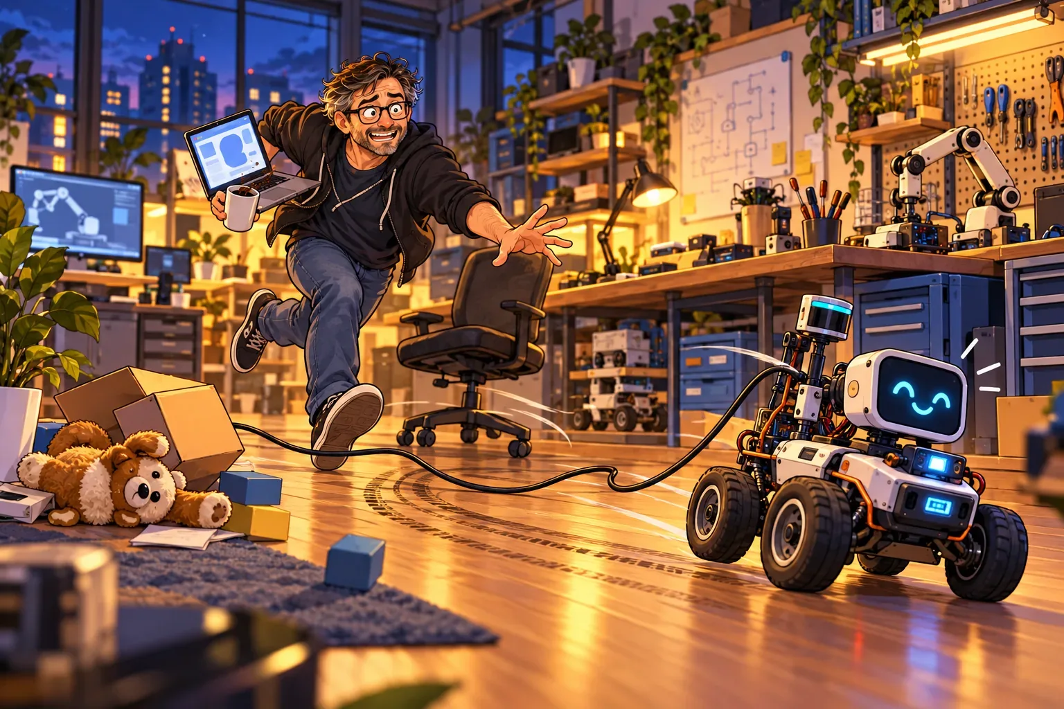 An engineer chasing a cheerful wheeled robot through a workshop while carrying a laptop and coffee